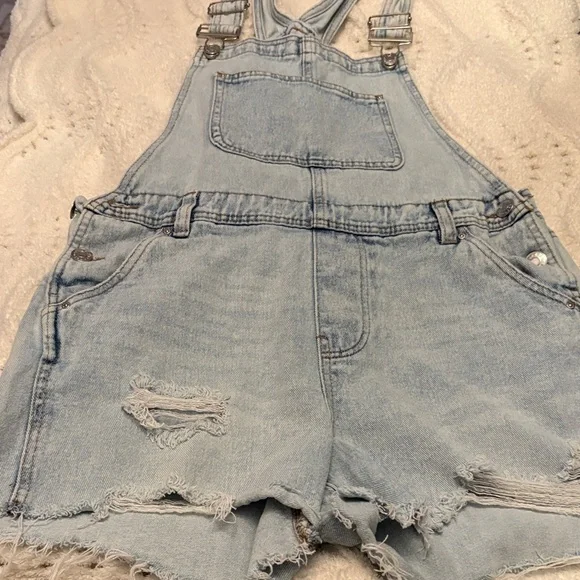 refuge Light Wash Denim Short Overalls - Picture 1 of 7